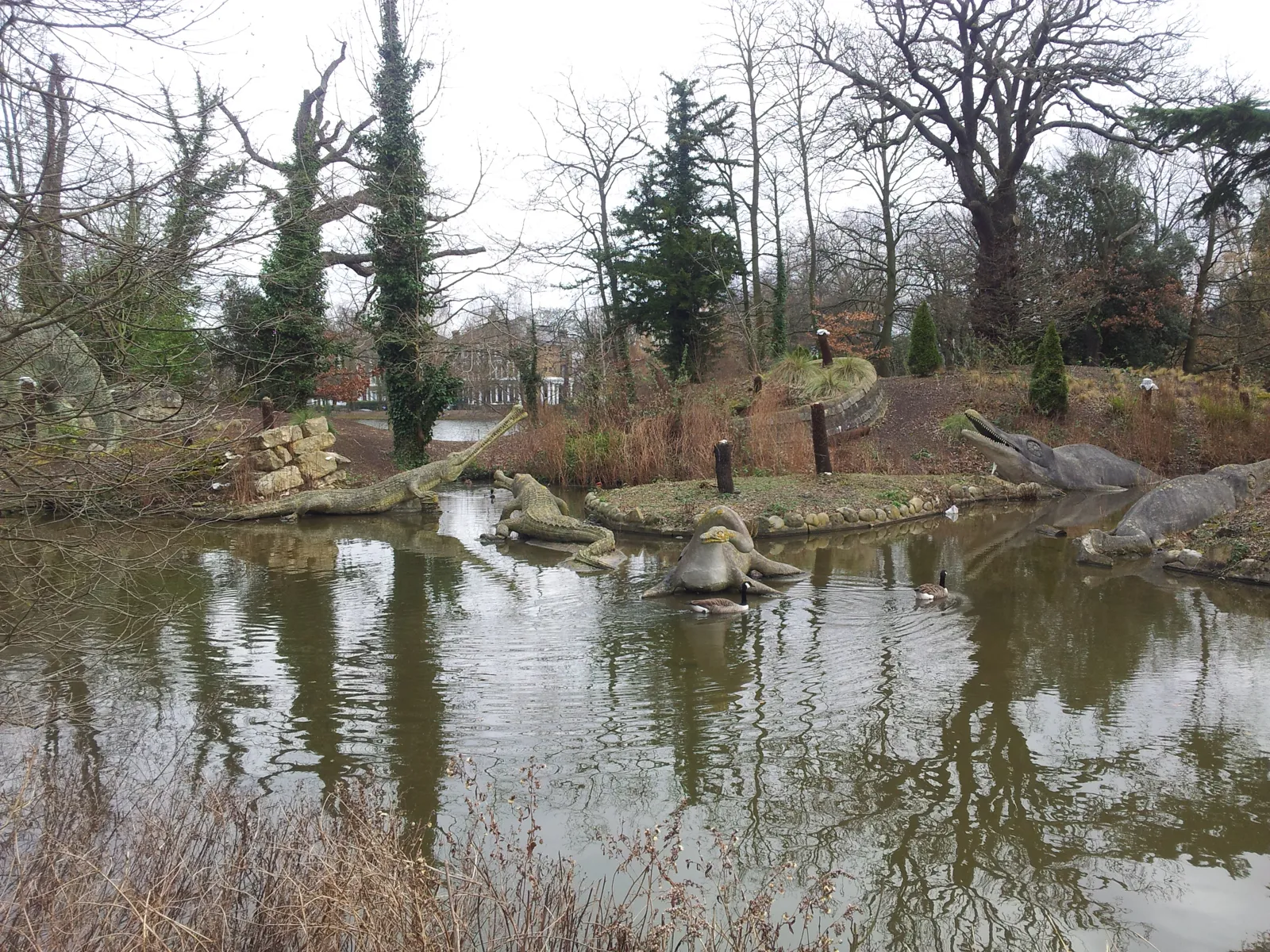 The Victorian dinosaur sculptures on the islands of the lower lake in Crystal Palace Park