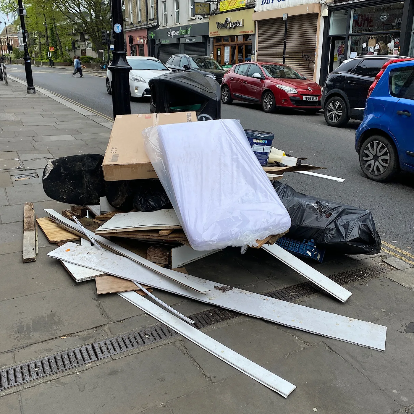 Fly-tipped waste dumped on the pavement in Crystal Palace, in the borough's Crystal Palace and Upper Norwood ward, in April 2025