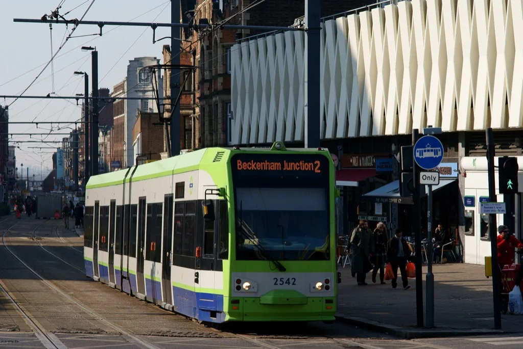 A tram in George Street, on the town-centre loop being renewed in August 2026