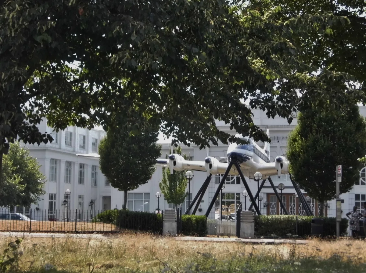 The aircraft on stilts outside Airport House on Purley Way, home of the Historic Croydon Airport visitor centre