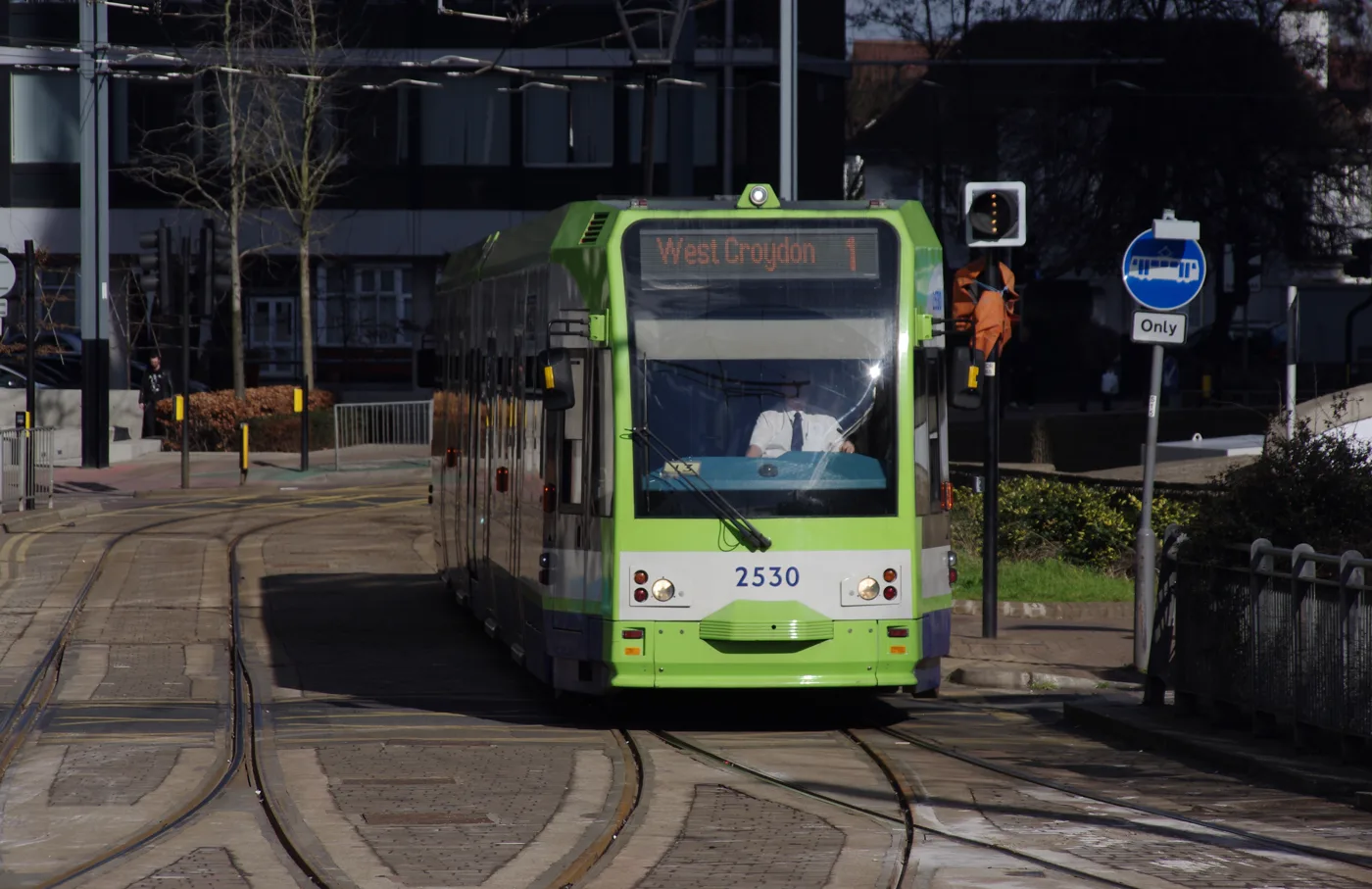 A tram bound for West Croydon at East Croydon