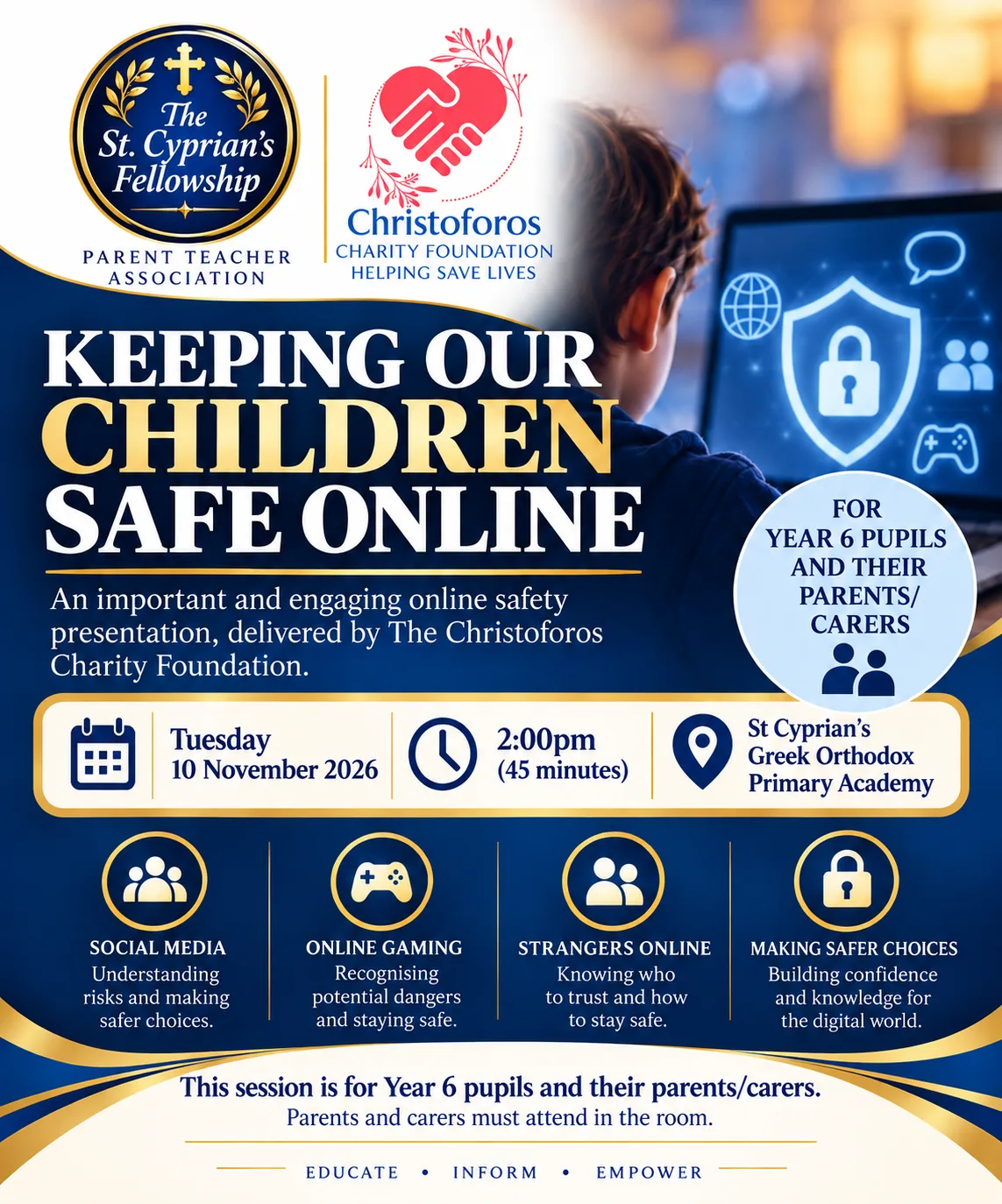 Poster for Keeping Our Children Safe Online, a presentation by the Christoforos Charity Foundation for Year 6 pupils and their parents or carers on Tuesday 10 November 2026 at 2pm at St Cyprian's