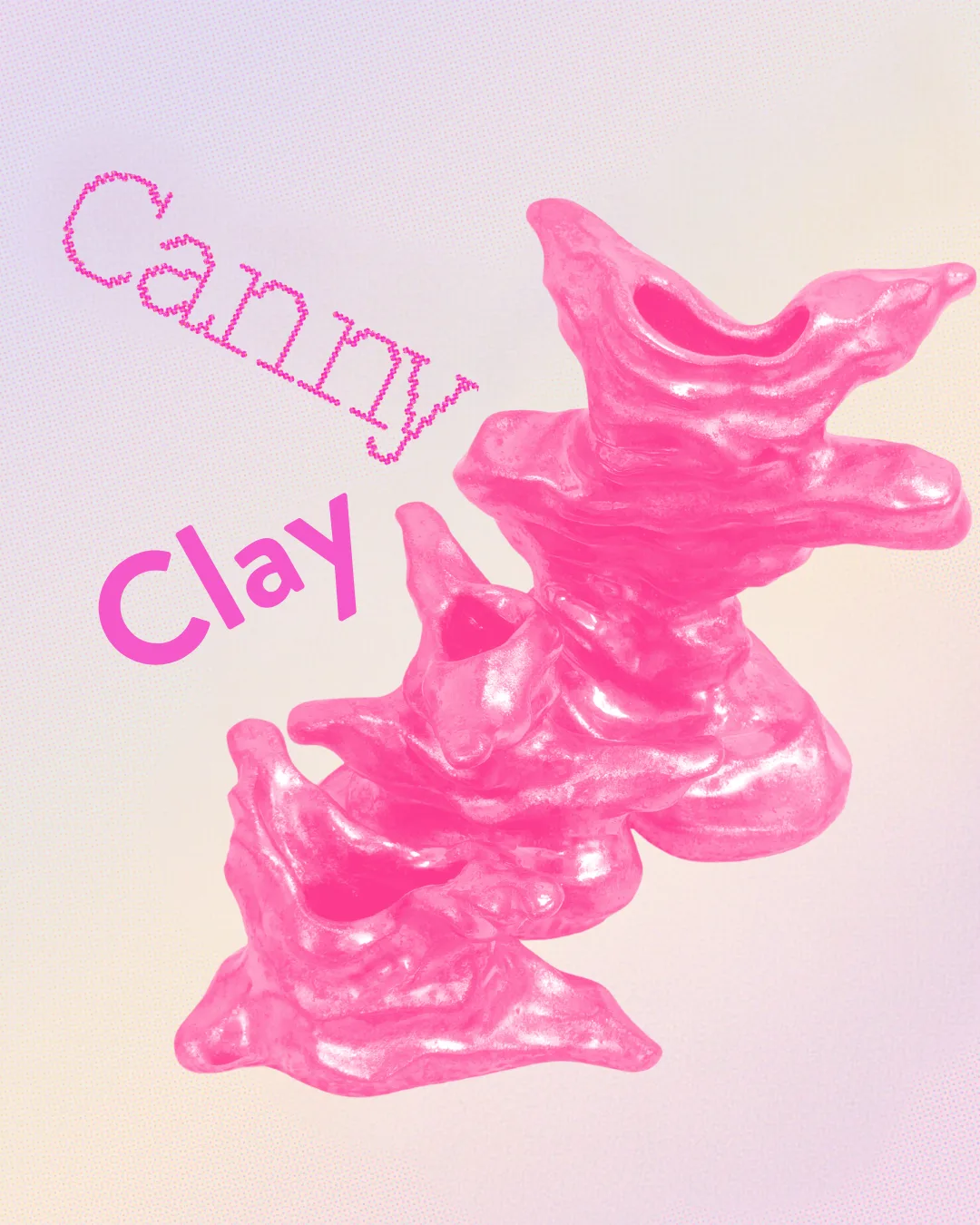 Poster for Canny Clay showing a glossy pink twisted ceramic sculpture with the words Canny Clay