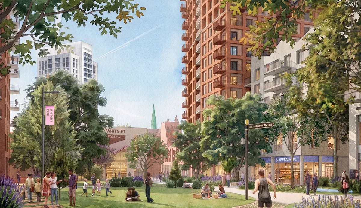 Artist's impression from The Croydon Project showing a park labelled Whitgift Park with trees and lawns, a Whitgift Foodhall building, a supermarket, tall brick residential blocks and a signpost to East Croydon station